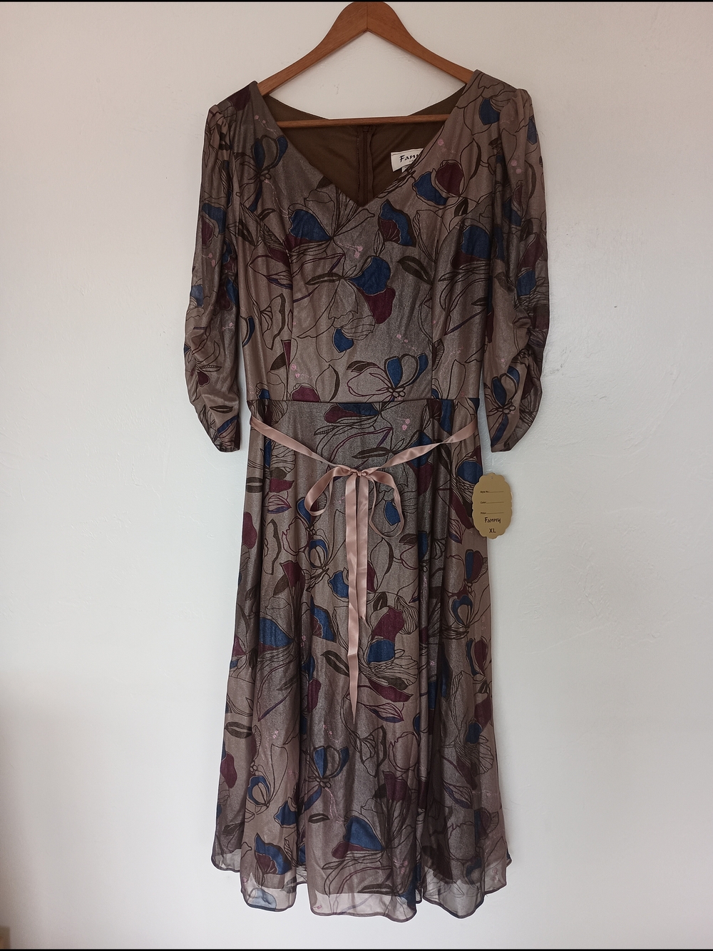 Fanny Brown Blue Purple Floral Chiffon A-Line Midi Dress V-Neck 3/4 Sleeves XL